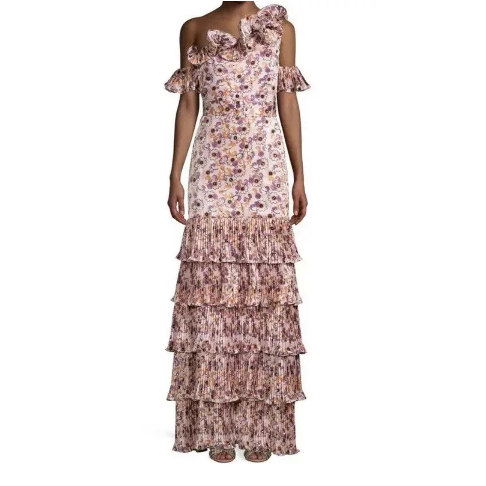Alexis Alomda Tiered Ruffle Beaded Floral Giwn Rhinestones size Small
